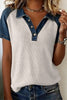 White Textured Color Block Denim Patchwork Polo Collar Tee