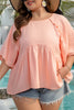 Apricot Pink Plus Size Textured Wide Short Sleeve Babydoll Blouse