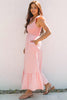 Pink V Neck Flutter Sleeve Smocked Bodice High Waist Ruffle Maxi Dress