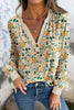 Khaki Floral Print Button Notched V Neck Long Sleeve Top