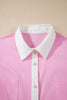 Pink Hollow-out Floral Contrast Patchwork Short Sleeve Button Up Shirt