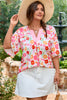 White Floral Split V Neck Wide Short Sleeve Plus Size Blouse Top