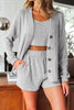 Light Grey 3 Pieces Rib Crop Camisole Matching Shorts Lounge Set with Cardigan