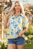 Blue Floral Striped Mixed Print Puff Short Sleeve Blouse