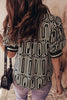 Black Geometric Print Contrast Scallop Color Block Patchwork Short Sleeve Blouse
