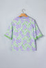 Sky Blue Floral Print Ruffled Color Block Trim Half Sleeve Blouse