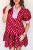 Red Floral Print Contrasted V Neck Short Bubble Sleeve Mini Dress
