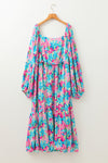 Sky Blue Floral Allover Print Shirred Square Neck Plus Size Maxi Dress