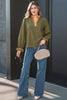 Four Leaf Clover Striped Trim Ruffle Split Neck Long Sleeve Blouse