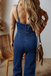 Sail Blue Seamed Zipper Spaghetti Strap High Waist Flared Jumpsuit