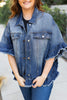 Peacock Blue Ruffled Frayed Short Sleeve Plus Size Denim Jacket