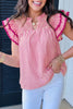 Rose Stripe Shirred Yoke Ruffled Short Sleeve Blouse