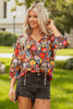 Black Floral 3/4 Puff Sleeve Tied Neck Blouse