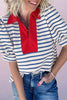 Blue Stripe Short Puff Sleeve Color Block Polo Collar Blouse