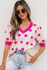 Rose Red Polka Dot Puff Short Sleeve Sweater Top