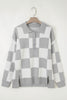Gray Plus Size Checkered Pattern Button Polo Collar Split Sweater