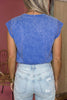 Sky Blue Mineral Wash Raw Seam Lace Sleeve Cotton Tee