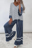 Blue Stripe V Neck Ruffle Contrast Sleeve Top Drawstring Pants 2pcs Set