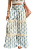 Sky Blue Floral Print Lace Patchwork Detail Wide Leg Pants