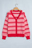 Red Geometric Striped Pattern V Neck Button Front Casual Knit Cardigan
