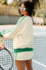 Beige Ribbed Colorblock Trim V Neck Sporty Pullover Mini Skort 2pcs Athleisure Set