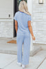 Sky Blue Stripe Crew Neck Tee Drawstring Waist Cropped Pants Set