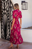 Red Floral Print Frilled V Neck Short Sleeve Ruffle Maxi Dress