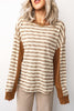 Brown Stripe Textured Knit Color Block Trim Long Sleeve Round Neck Top