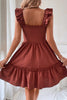Red Sandalwood Geometric Stitch Shirred Bodice Ruffled Trim Sleeveless Mini Dress