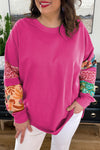 Rose Red Plus Size Printed Patchwork Sleeve Split Sweatshirt