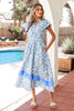 Sky Blue Hydrangea Floral Print Ruffle Trim Flutter Sleeve Long Dress