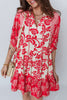 Red Collared V Neck Half Sleeve Loose Flower Mini Dress