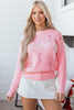 Pink Merry Candy Cane Puffy Knit Crew Neck Sweater