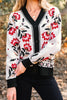 Beige Floral Print Buttoned Front V Neck Knit Cardigan