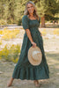 Green Plaid Square Neck Shirred High Waist Ruffle Hem Dress