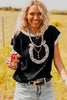Black Horse Shoe Pattern Contrast Trim Short Sleeve Sweater
