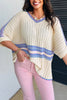 White Striped V Neck Dolman Sleeve Rib Knit Oversized Sweater with Slits
