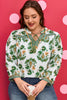 Green Plus Size Floral Printed Contrast Patchwork Detail Tassel Tie 3/4 Sleeve Blouse