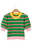 Green Stripe Colorblock Trim Half Sleeve Sweater Top