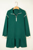 Evergreen Contrast Trim Zip Collar Long Sleeve Ruffle Hem Mini Dress