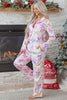Pink Striped Bow Print Contrast Piping Trim Shirt and Pants 2pcs Pajama Set