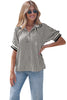 Black Stripe Polo Collar Half Zip Short Puff Sleeve Blouse