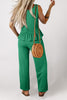 Green Solid Color Ribbed Ruffle Tank Top and Pants Set