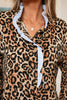 Brown Wild Leopard Print Contrast Striped Frilled Trim Chic Shirt