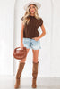 Dark Brown Cable Texture Crew Neck Short Sleeve Sweater Top