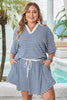Blue Stripe Short Sleeve Collared V Neck Top Plus Size Skort Set
