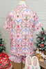 Pink Nutcracker Doll Christmas Print Ribbon Tie Waist Short 2pcs Pajama Set