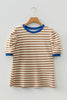 Green Stripe Short Puff Sleeve Contrast Trim Round Neck Tee