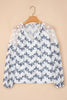 Blue Lace Patchwork Floral Bubble Sleeve V Split Neck Blouse