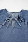 Dusk Blue Ruffled Collared Side Pockets Puff Sleeve Denim Mini Dress